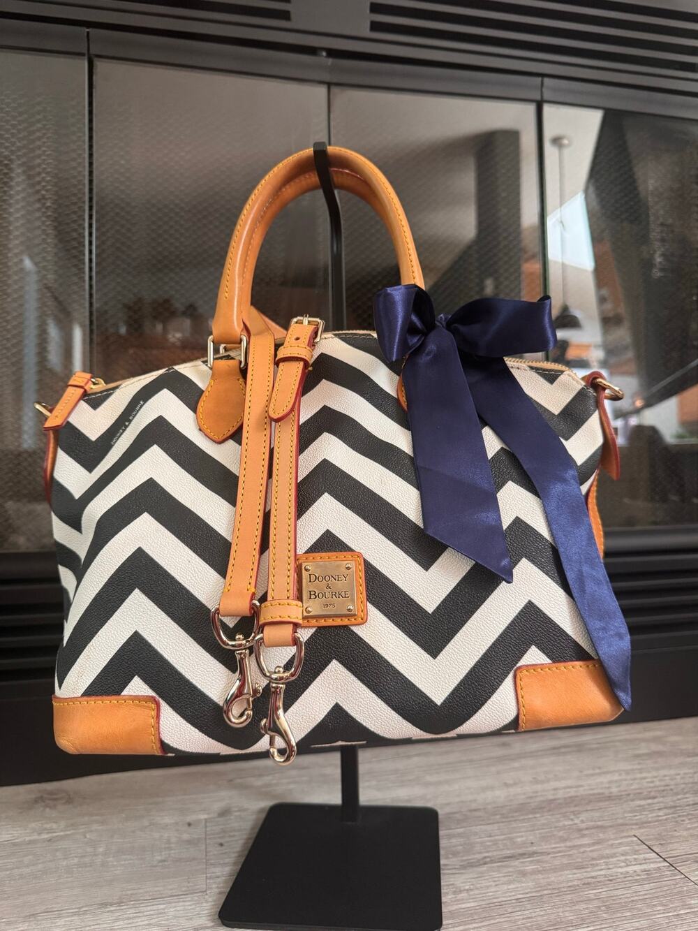 Dooney & Bourke Navy White Chevron all weather leather satchel purse